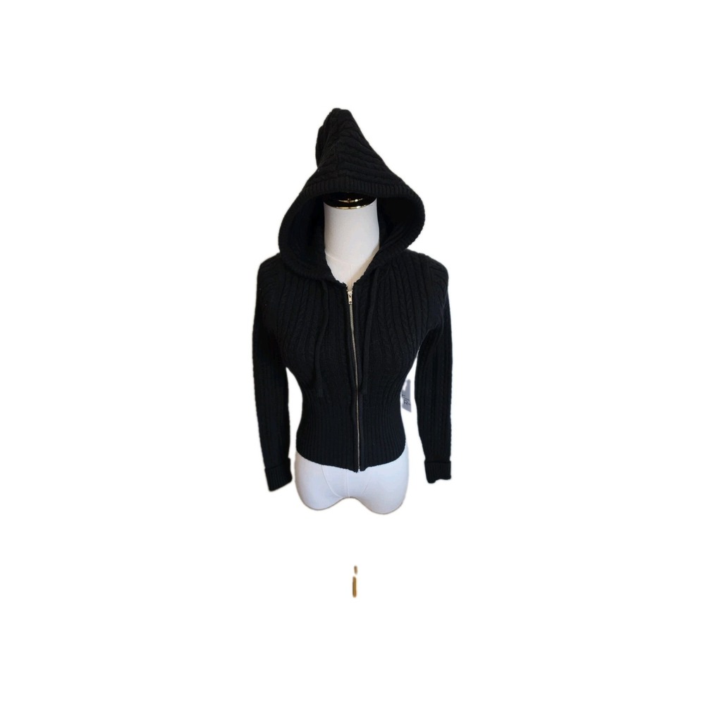 NWT Black Cable-Knit Hooded Full Zip Cardigan Sweater Women Size S Closet Staple